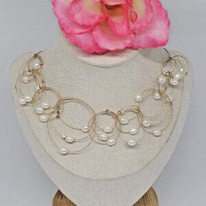 White Pearl On Gold Tone Cable Hoop Vertigo Choker Necklace 14k GF Clasp